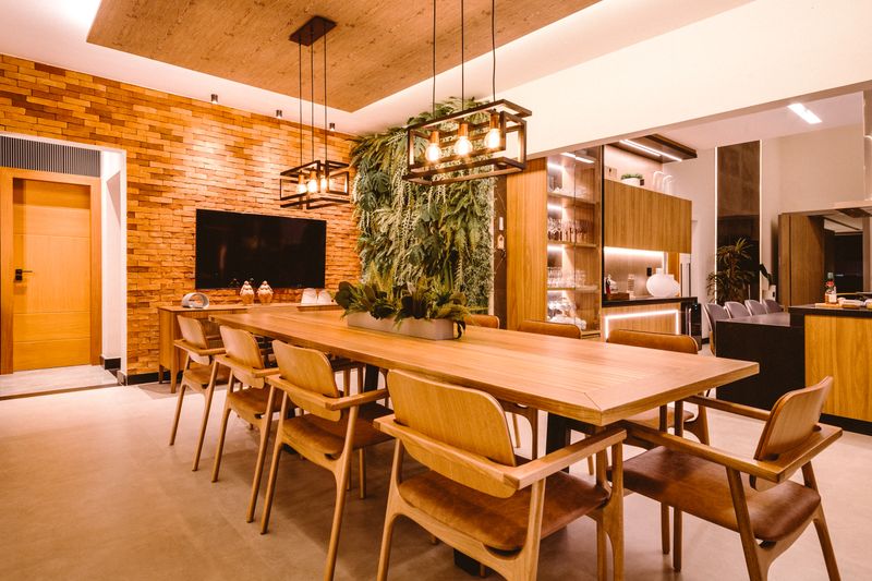 Pizza inn dining room interior with warm lighting